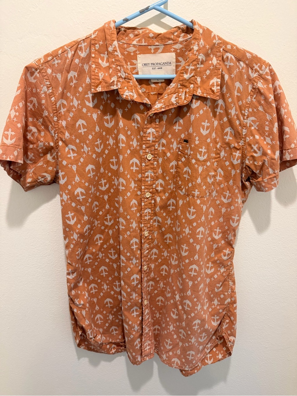 Obey Orange Short-Sleeve Anchor Print Button-Down Shirt